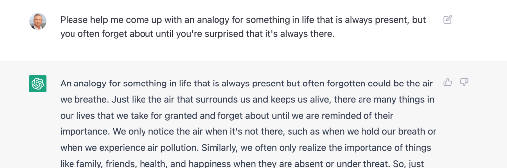 Screenshot of ChatGPT helping me come up with an analogy