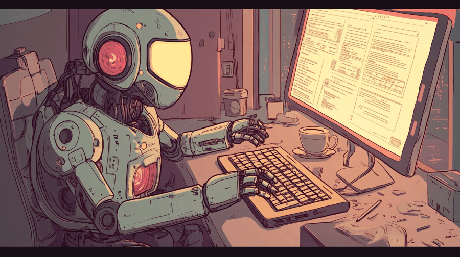 a cartoon style image of a futuristic robot typing with multiple arms on multiple keyboards, effortlessly creating hundreds of blog posts and social media updates