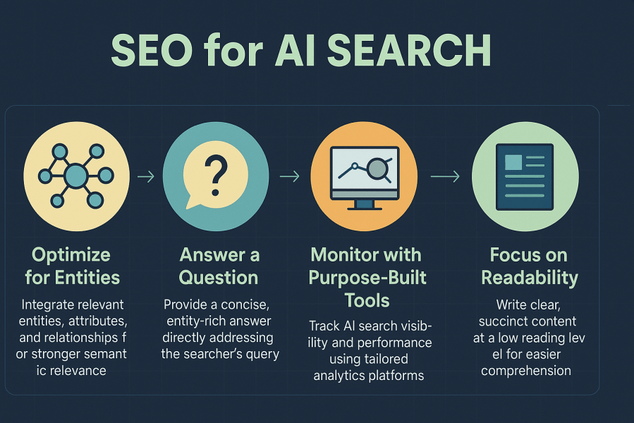 Infographic titled "SEO for AI Search" illustrating four key strategies: optimize for entities, answer a question clearly, monitor with purpose-built tools, and focus on readability—designed for AI visibility in search engines like Google AI Overviews and ChatGPT.