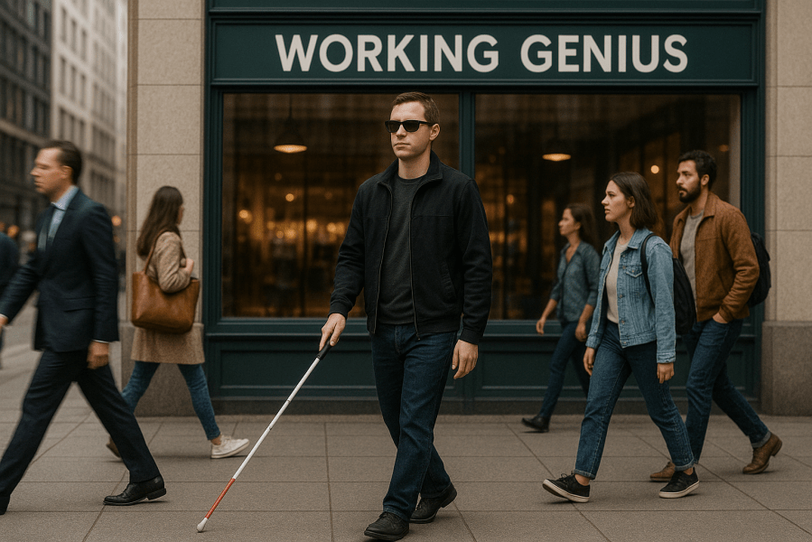 AI Image representing a Blind Person Navigating an Urban area missing the sign for Working Genius