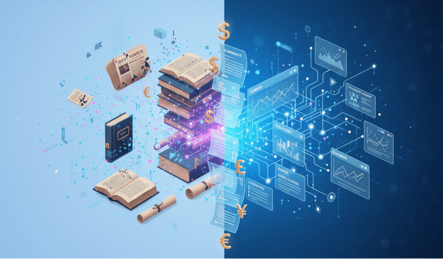 Digital illustration showing AI content licensing agreements between publishers and technology companies with data streams and contract symbols