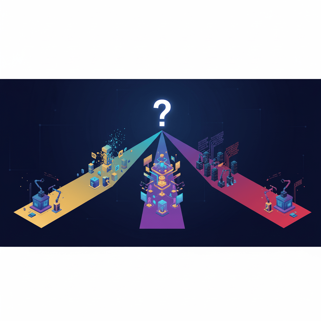 Conceptual illustration showing diverging paths for AI content licensing market including RSL marketplace framework, copyright enforcement, and synthetic data generation representing industry transformation