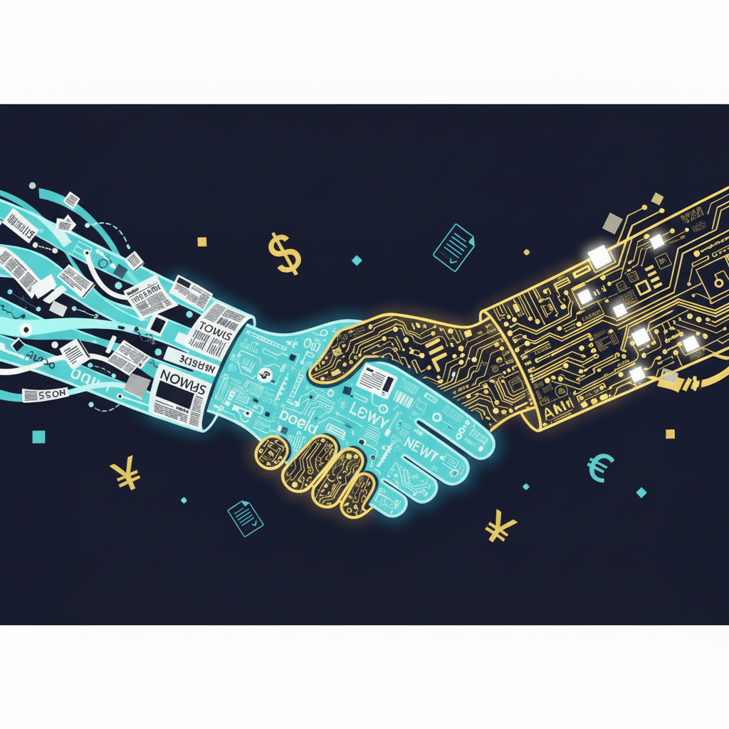 Conceptual illustration of AI content licensing partnership showing handshake between digital content streams and AI neural network patterns with contract and currency symbols
