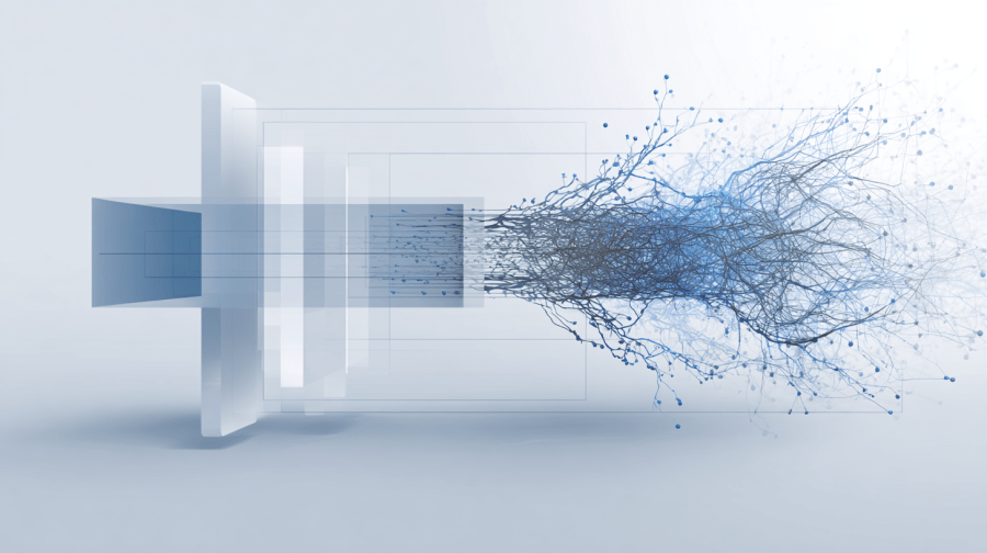 Minimalist diagram showing BlockRank's approach to search ranking - traditional SEO signals filter candidate pages in the first layer, then neural network evaluates semantic relevance in the second layer