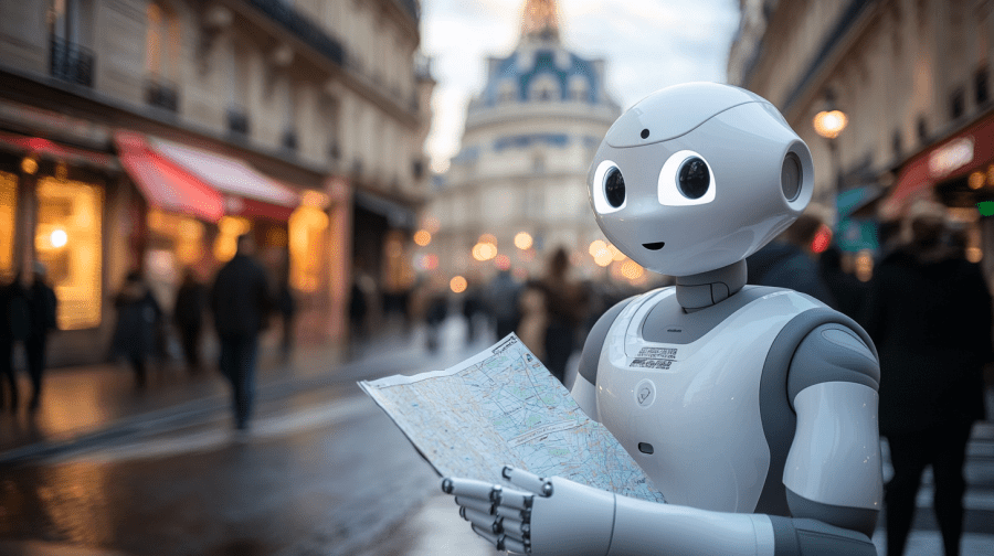 Friendly humanoid robot examining map while standing on busy city street